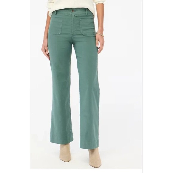 J Crew Lizzie High-Rise Patch-Pocket Wide-Leg Pants Womens 32 Green Linen Blend - Picture 1 of 9